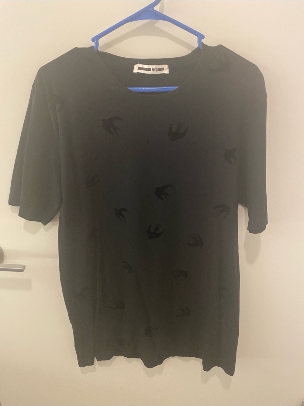 McQ by Alexander McQueen Black Tonal Flocked Velvet Mini Swallow Motif Tee Shirt